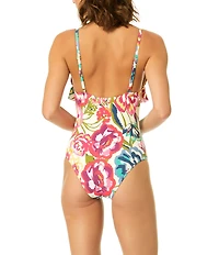 CeCe Roses And Wine V-Neck Ruffle Trim One Piece Swimsuit