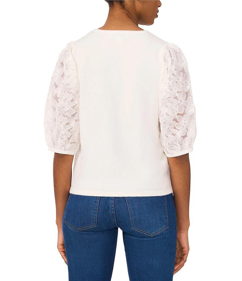 CeCe Round Neck 3/4 Floral Sleeve Blouse