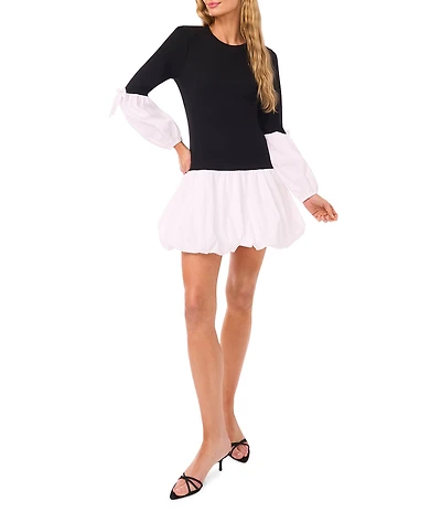 CeCe Round Neck Long Sleeve Drop Waist Mini Bubble Dress