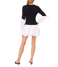 CeCe Round Neck Long Sleeve Drop Waist Mini Bubble Dress