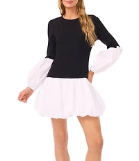 CeCe Round Neck Long Sleeve Drop Waist Mini Bubble Dress