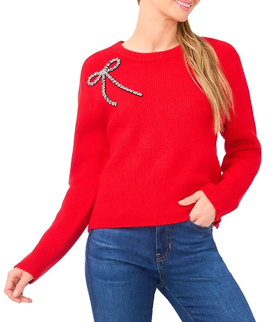 CeCe Round Neck Long Sleeve Embellished Bow Sweater