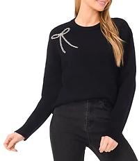 CeCe Round Neck Long Sleeve Embellished Bow Sweater