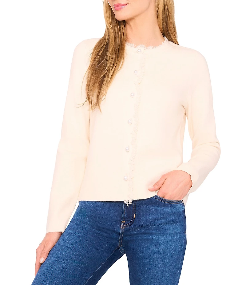 CeCe Round Neck Long Sleeve Fringe Cardigan