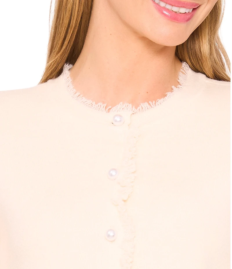 CeCe Round Neck Long Sleeve Fringe Cardigan