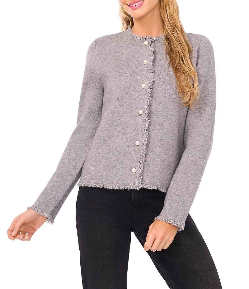 CeCe Round Neck Long Sleeve Fringe Cardigan