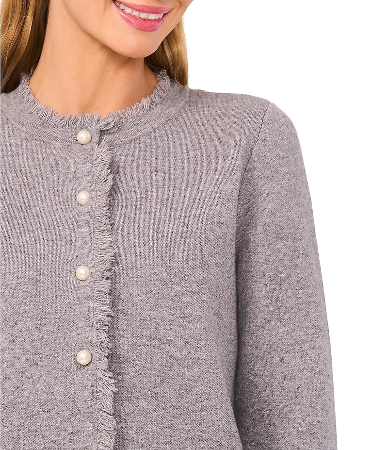 CeCe Round Neck Long Sleeve Fringe Cardigan