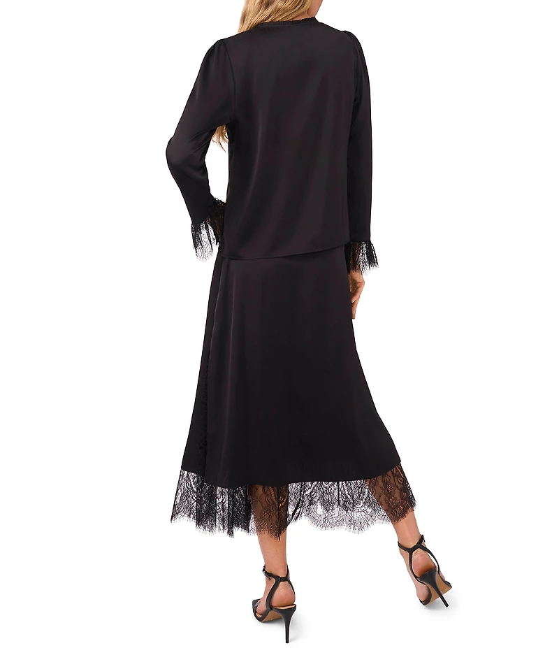 CeCe Round Neck Long Sleeve Pleated Lace Blouse