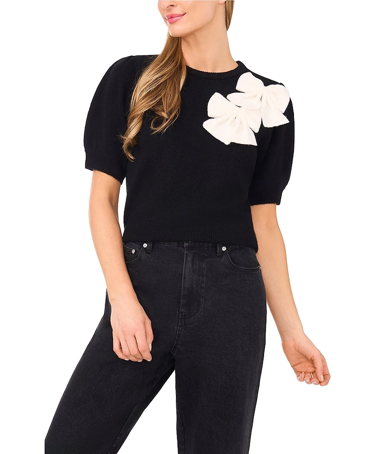 CeCe Round Neck Short Sleeve Bow Detail Coordinating Sweater