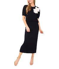 CeCe Round Neck Short Sleeve Bow Detail Coordinating Sweater
