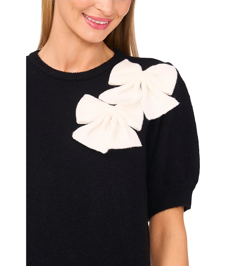 CeCe Round Neck Short Sleeve Bow Detail Coordinating Sweater