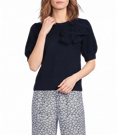 CeCe Round Neck Short Sleeve Bow Detail Coordinating Sweater