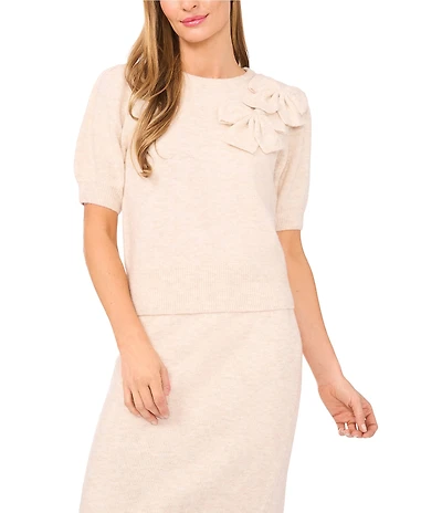 CeCe Round Neck Short Sleeve Bow Detail Coordinating Sweater