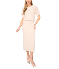 CeCe Round Neck Short Sleeve Bow Detail Coordinating Sweater