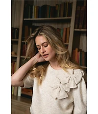 CeCe Round Neck Short Sleeve Bow Detail Coordinating Sweater