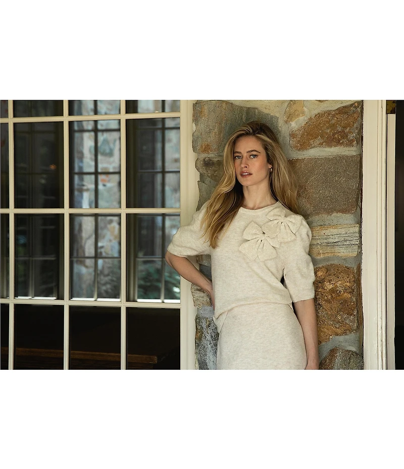 CeCe Round Neck Short Sleeve Bow Detail Coordinating Sweater