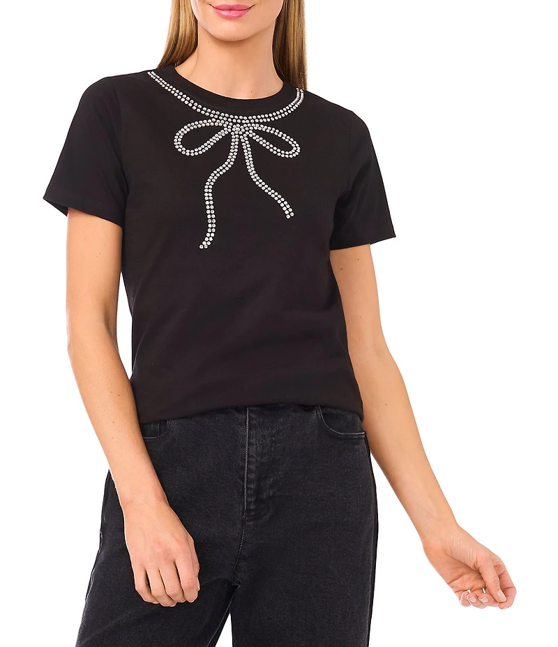 CeCe Round Neck Short Sleeve Embellished Bow Top