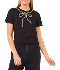 CeCe Round Neck Short Sleeve Embellished Bow Top