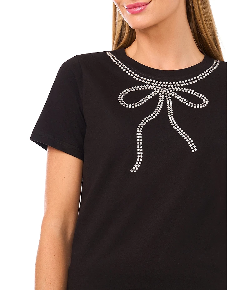 CeCe Round Neck Short Sleeve Embellished Bow Top