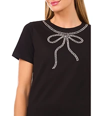 CeCe Round Neck Short Sleeve Embellished Bow Top
