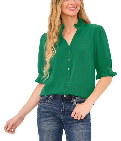 CeCe Ruffle V-Neck Elbow Sleeve Button Down Blouse
