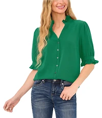 CeCe Ruffle V-Neck Elbow Sleeve Button Down Blouse