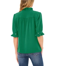 CeCe Ruffle V-Neck Elbow Sleeve Button Down Blouse