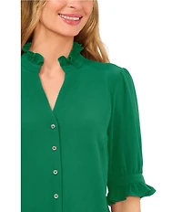 CeCe Ruffle V-Neck Elbow Sleeve Button Down Blouse