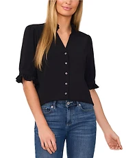 CeCe Ruffle V-Neck Elbow Sleeve Button Down Blouse