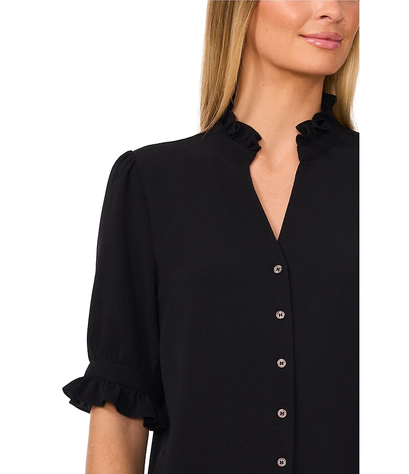CeCe Ruffle V-Neck Elbow Sleeve Button Down Blouse