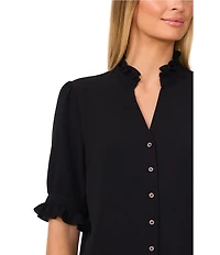 CeCe Ruffle V-Neck Elbow Sleeve Button Down Blouse