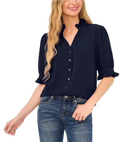 CeCe Ruffle V-Neck Elbow Sleeve Button Down Blouse
