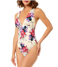 CeCe Salt & Memories Floral V-Neck Plunge One Piece Swimsuit