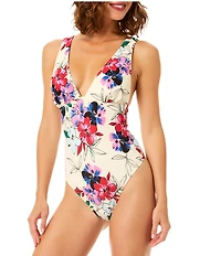 CeCe Salt & Memories Floral V-Neck Plunge One Piece Swimsuit