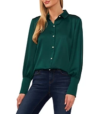 CeCe Satin Point Collar Long Sleeve Tall Cuff Pearl Button Front Blouse