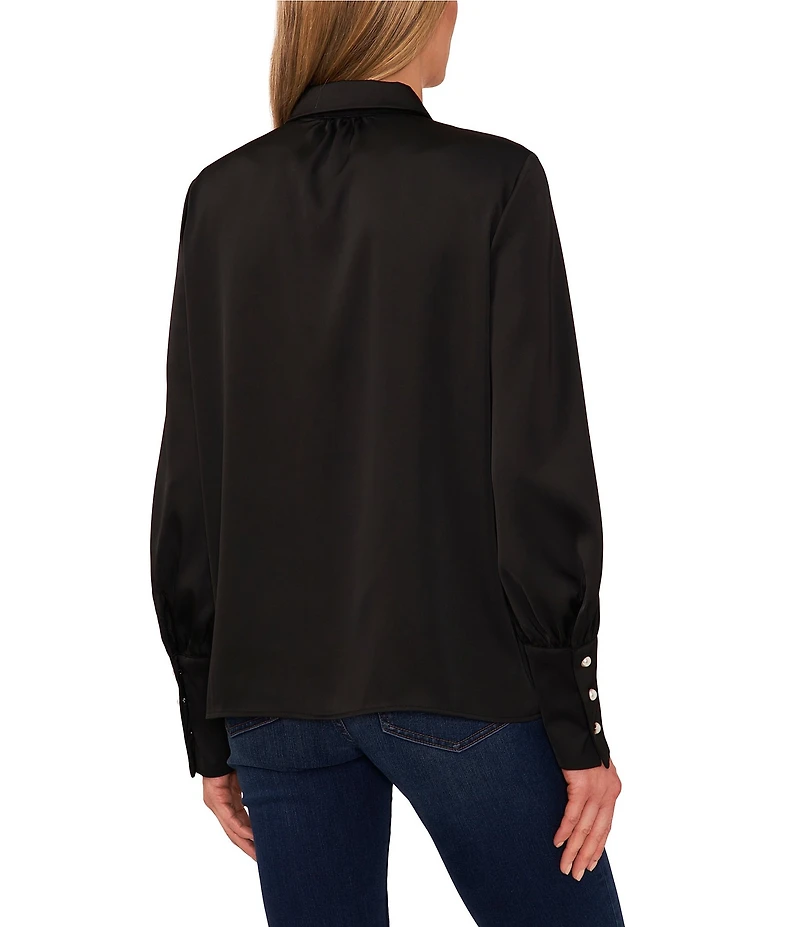 CeCe Satin Point Collar Long Sleeve Tall Cuff Pearl Button Front Blouse