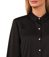 CeCe Satin Point Collar Long Sleeve Tall Cuff Pearl Button Front Blouse