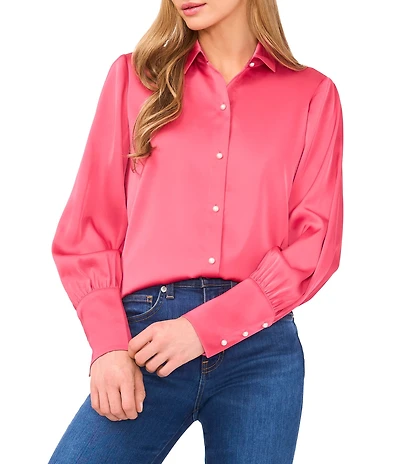 CeCe Satin Point Collar Long Sleeve Tall Cuff Pearl Button Front Blouse