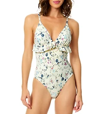 CeCe Secret Garden Ruffle V-Neck One Piece Swimsuit