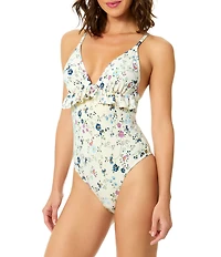 CeCe Secret Garden Ruffle V-Neck One Piece Swimsuit