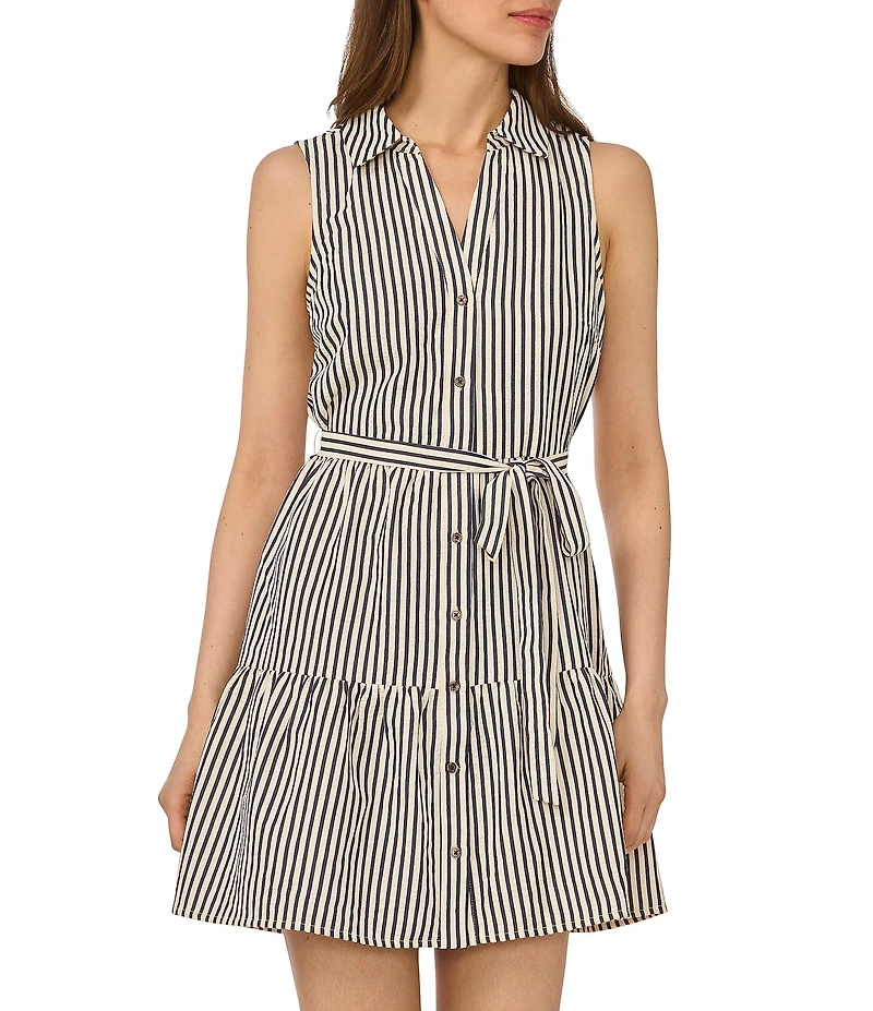 CeCe Seersucker Collar Neck Sleeveless Tie Waist Dress