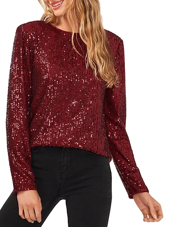 CeCe Sequin Round Neck Long Sleeve Blouse