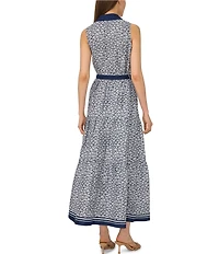 CeCe Shell Print Collar Neck Sleeveless Belted Maxi Shirt Dress