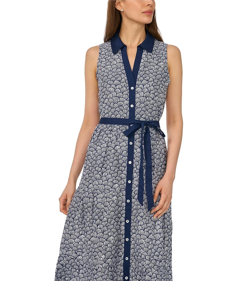 CeCe Shell Print Collar Neck Sleeveless Belted Maxi Shirt Dress