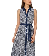 CeCe Shell Print Collar Neck Sleeveless Belted Maxi Shirt Dress