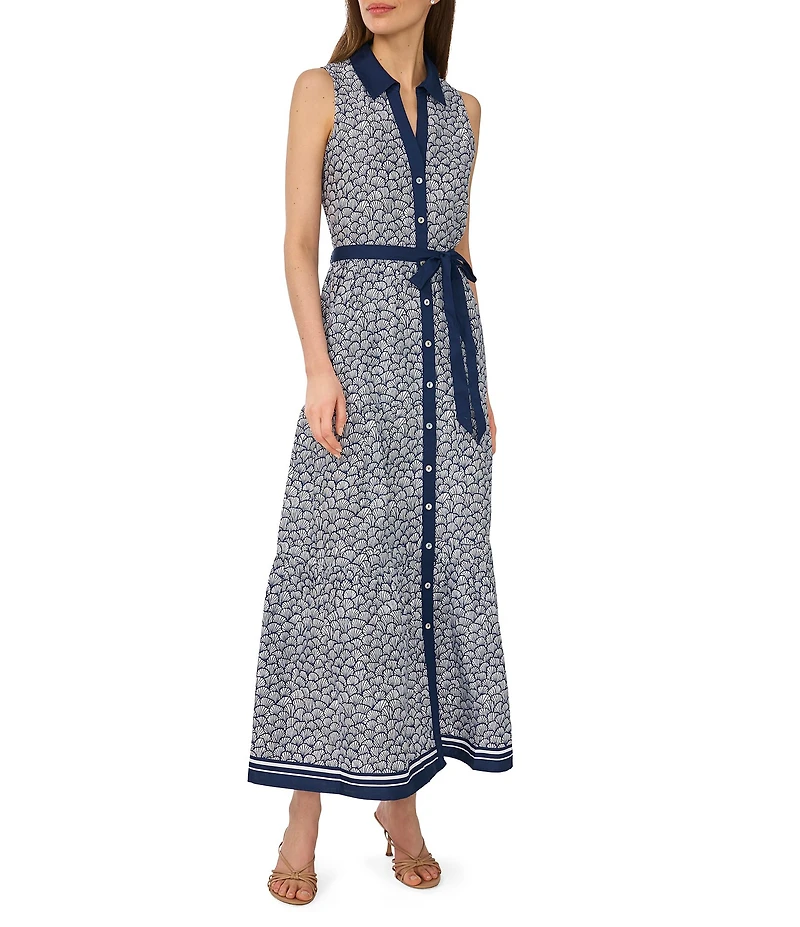 CeCe Shell Print Collar Neck Sleeveless Belted Maxi Shirt Dress