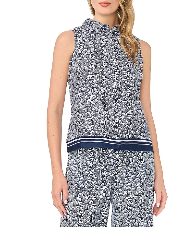CeCe Shell Print Collar Neck Sleeveless Button Down Coordinating Top