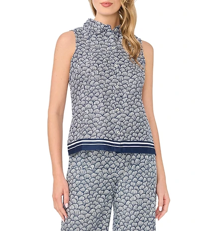 CeCe Shell Print Collar Neck Sleeveless Button Down Coordinating Top