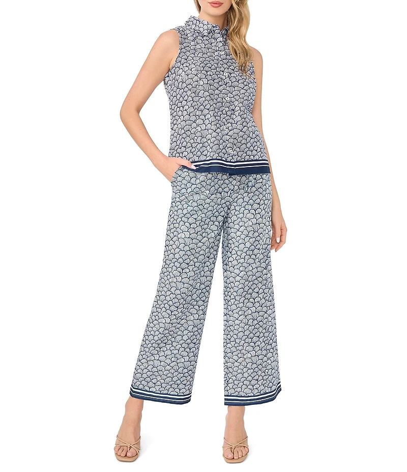 CeCe Shell Print Collar Neck Sleeveless Button Down Coordinating Top