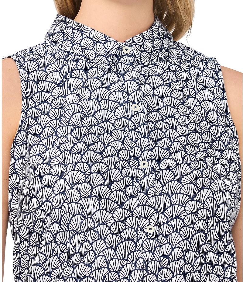CeCe Shell Print Collar Neck Sleeveless Button Down Coordinating Top